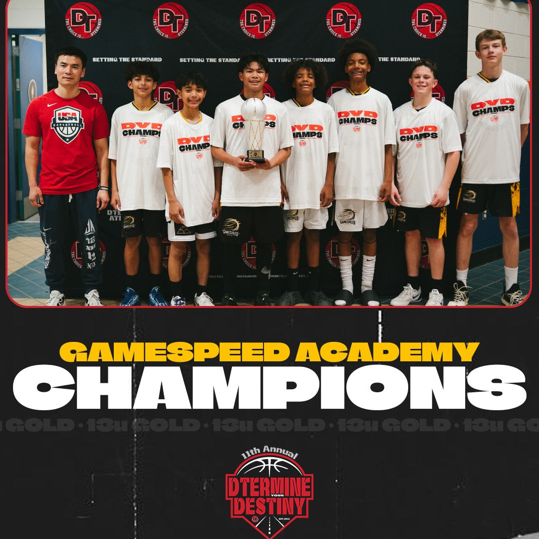 Group of basketball players posing with a trophy against a backdrop with 'Gamespeed Academy Champions' text.